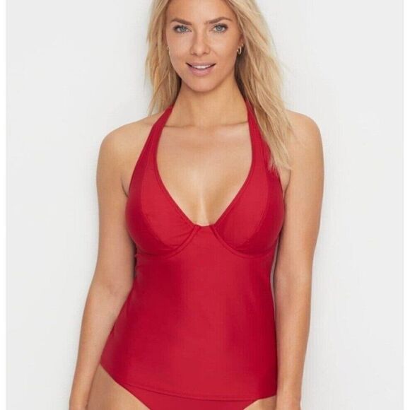 Birdsong Size‎ 32H Bare Necessities Rouge Red Underwire Halter Tankini Swim Top - Picture 4 of 12